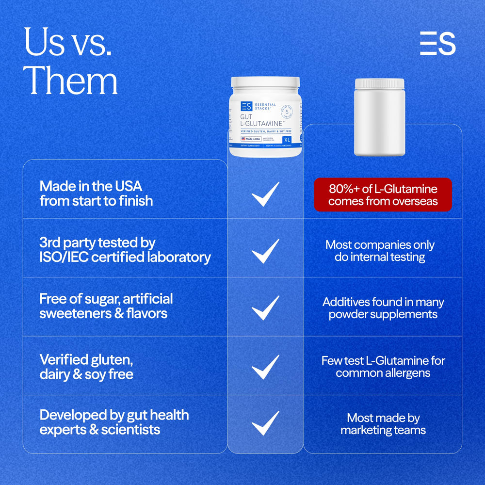 Essential Stacks Gut L-Glutamine powder being poured for daily GI care