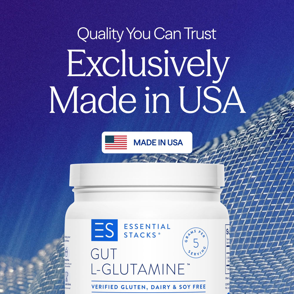 Essential Stacks Gut L-Glutamine powder scoop measured for gut support