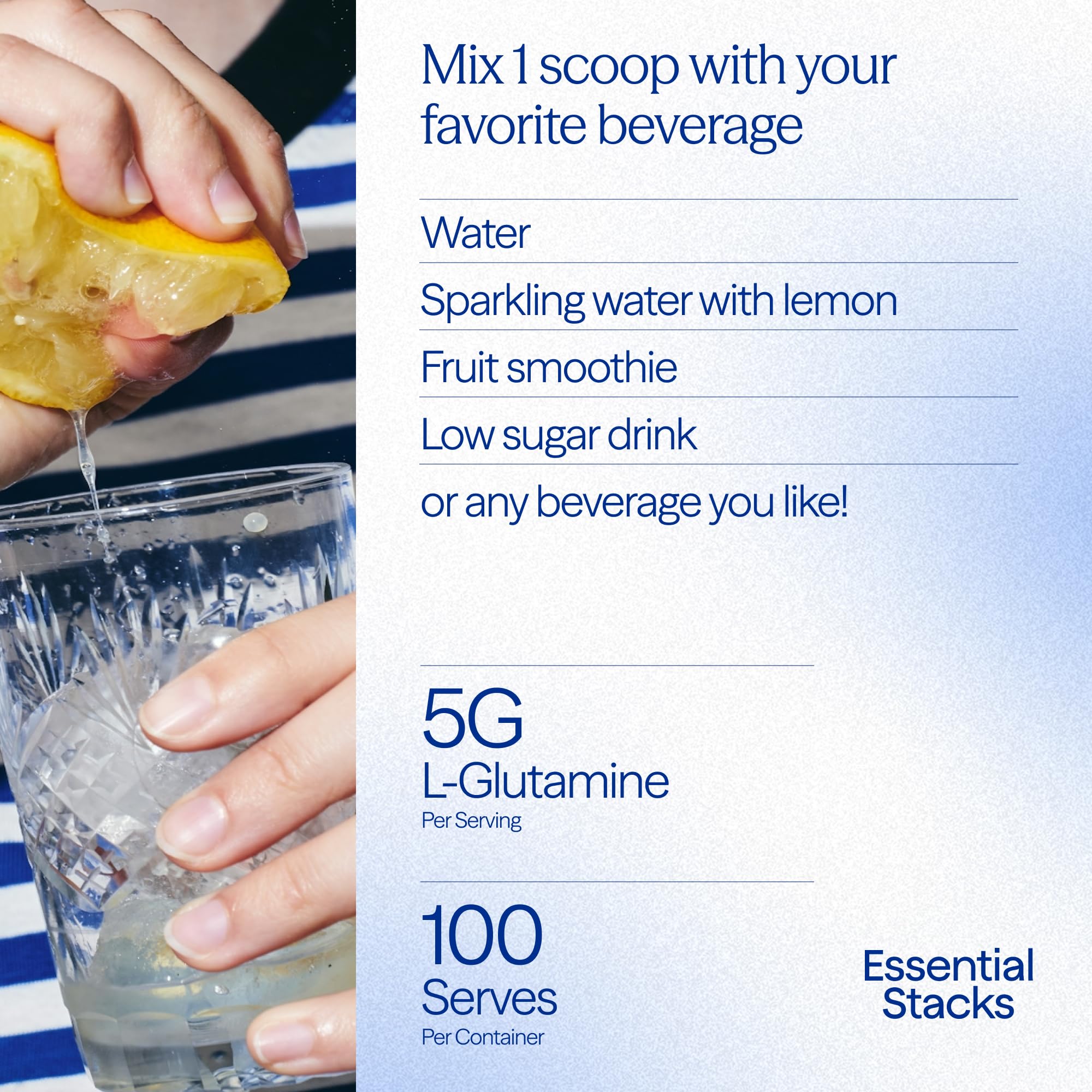 Essential Stacks Gut L-Glutamine powder side view in travel-friendly packaging