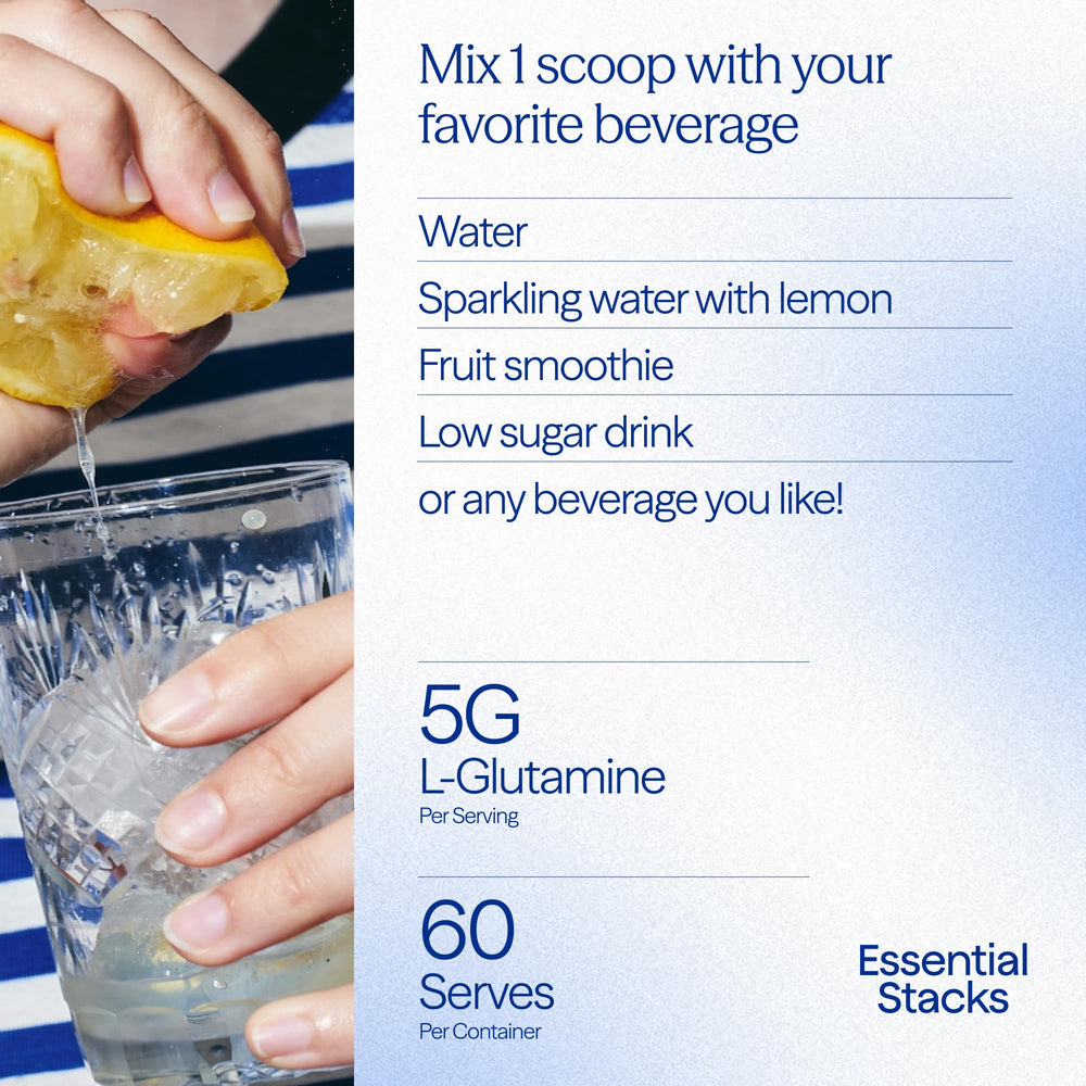 Essential Stacks Gut L-Glutamine powder texture in container.