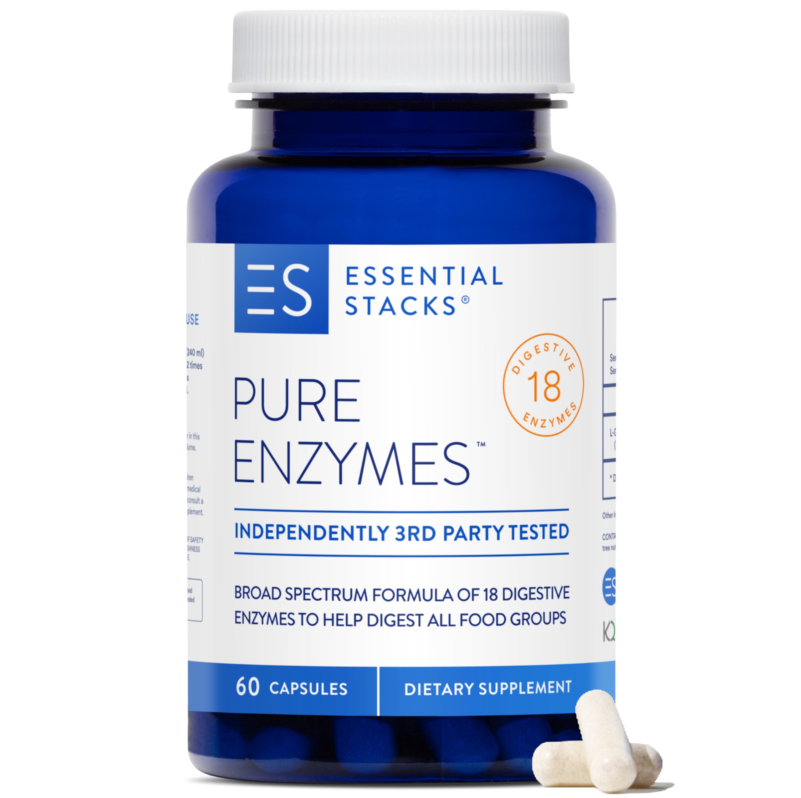 Essential Stacks Pure Digestive Enzymes bottle on shelf shows gluten-free formula benefits