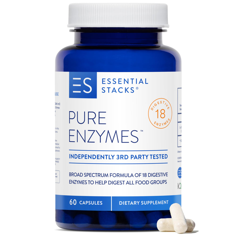 Essential Stacks Pure Digestive Enzymes bottle on shelf shows gluten-free formula benefits