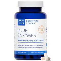 Essential Stacks Pure Digestive Enzymes bottle on shelf shows gluten-free formula benefits