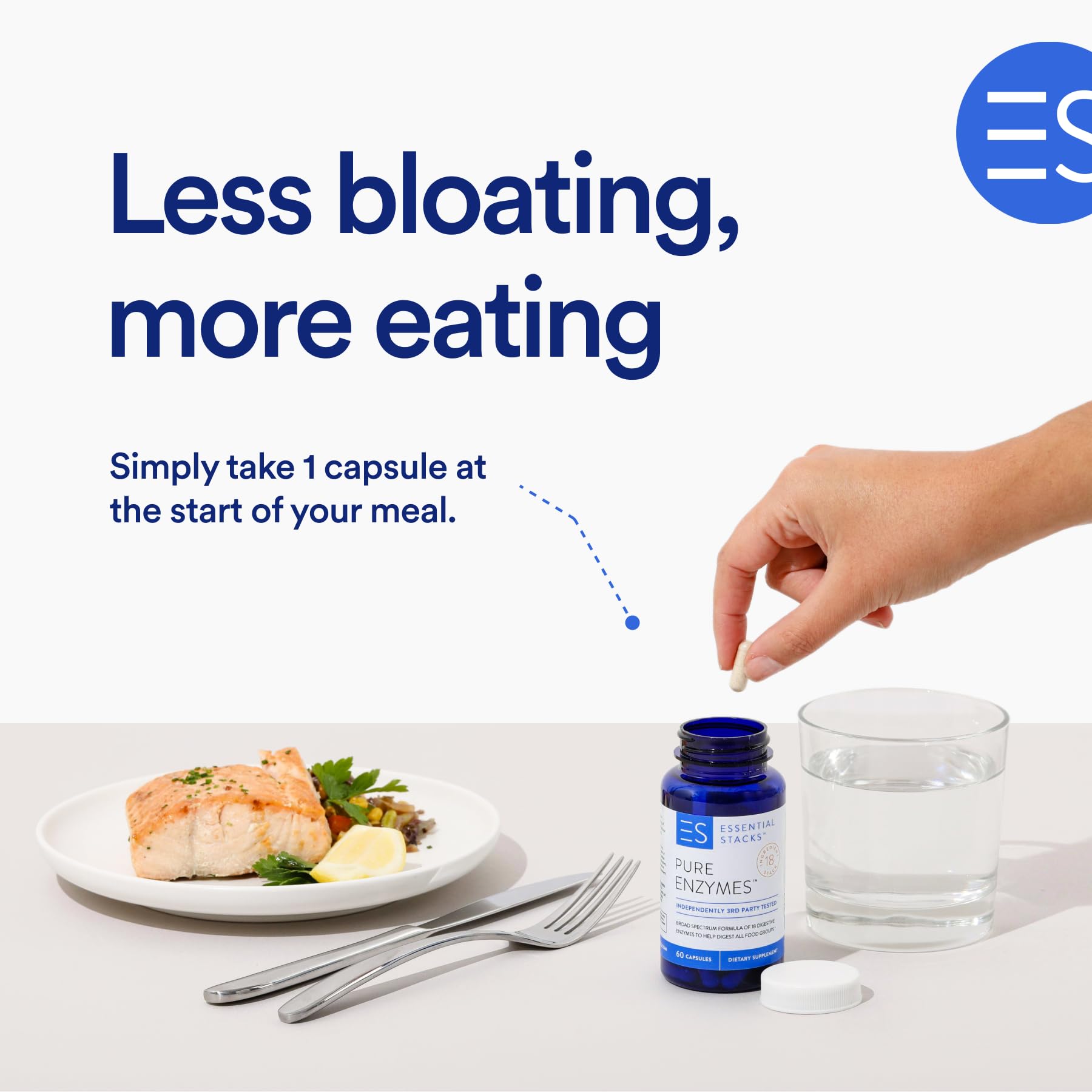 Capsules of Essential Stacks Pure Digestive Enzymes pouring for everyday use