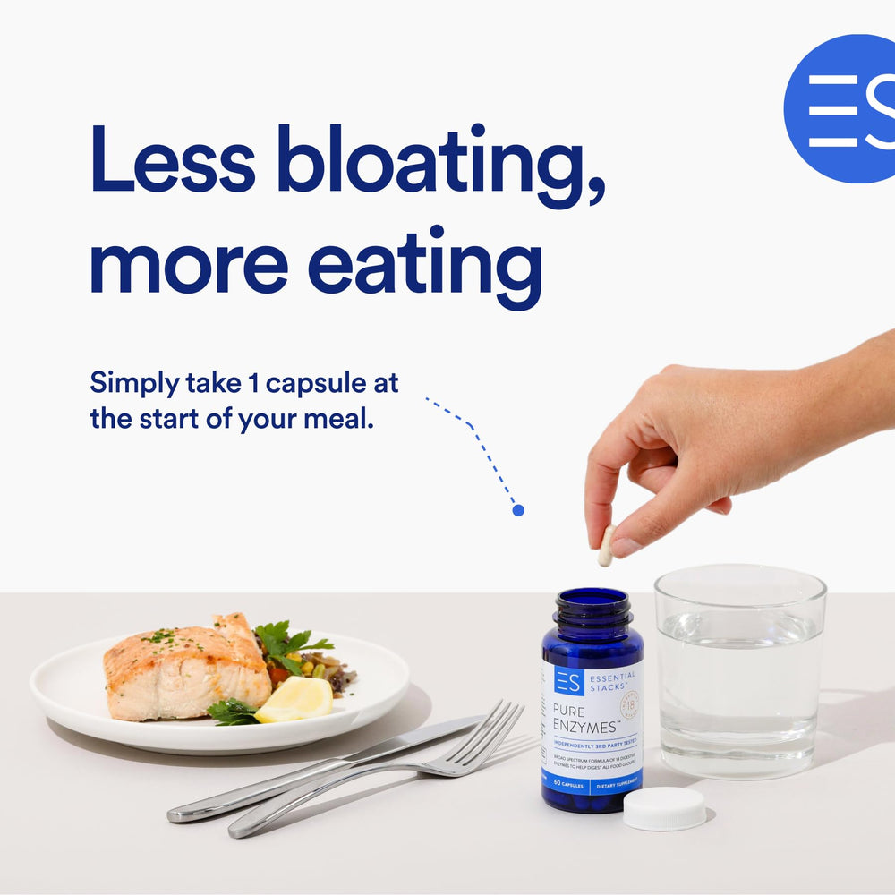Capsules of Essential Stacks Pure Digestive Enzymes pouring for everyday use