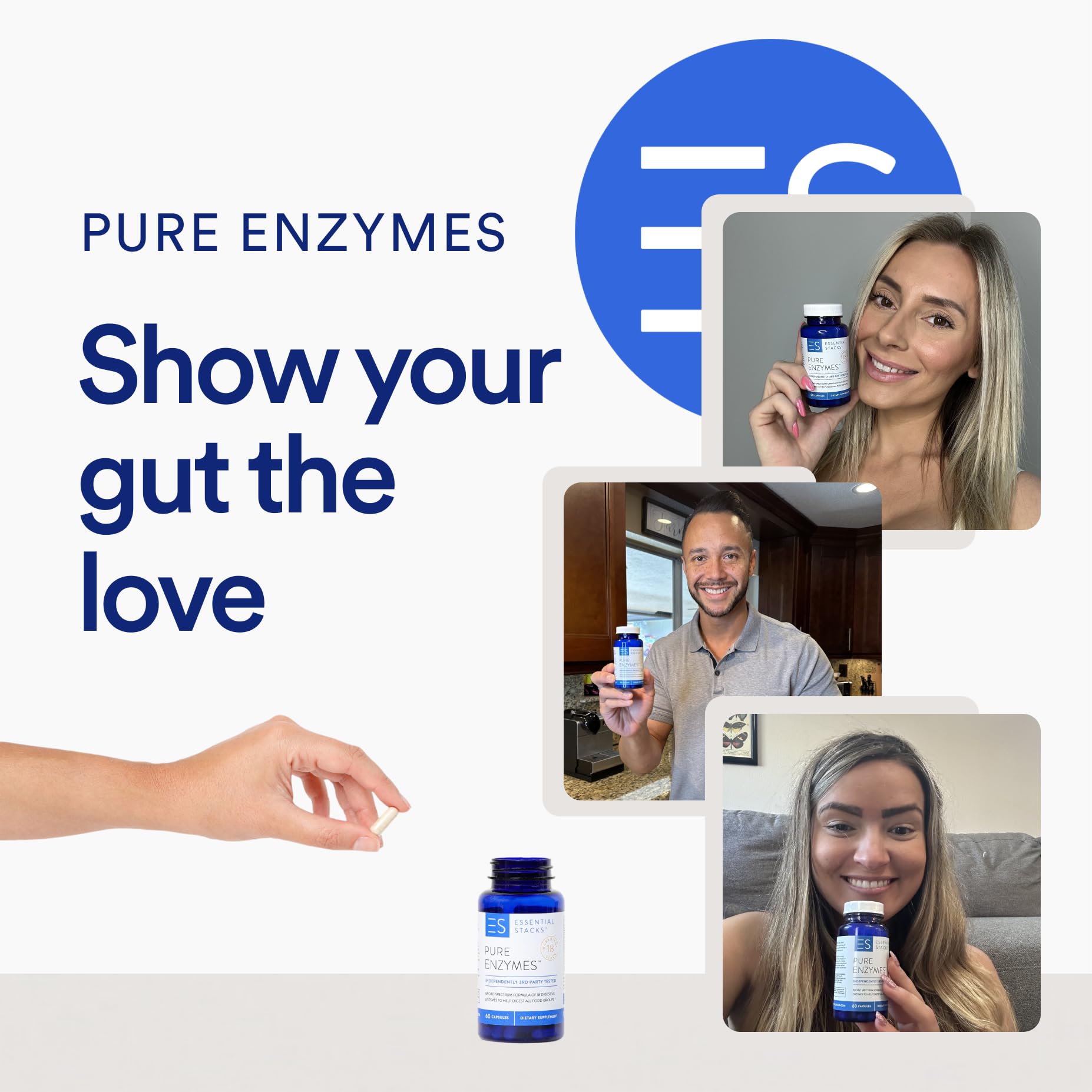 Vegan non-GMO symbol on Essential Stacks Pure Digestive Enzymes label