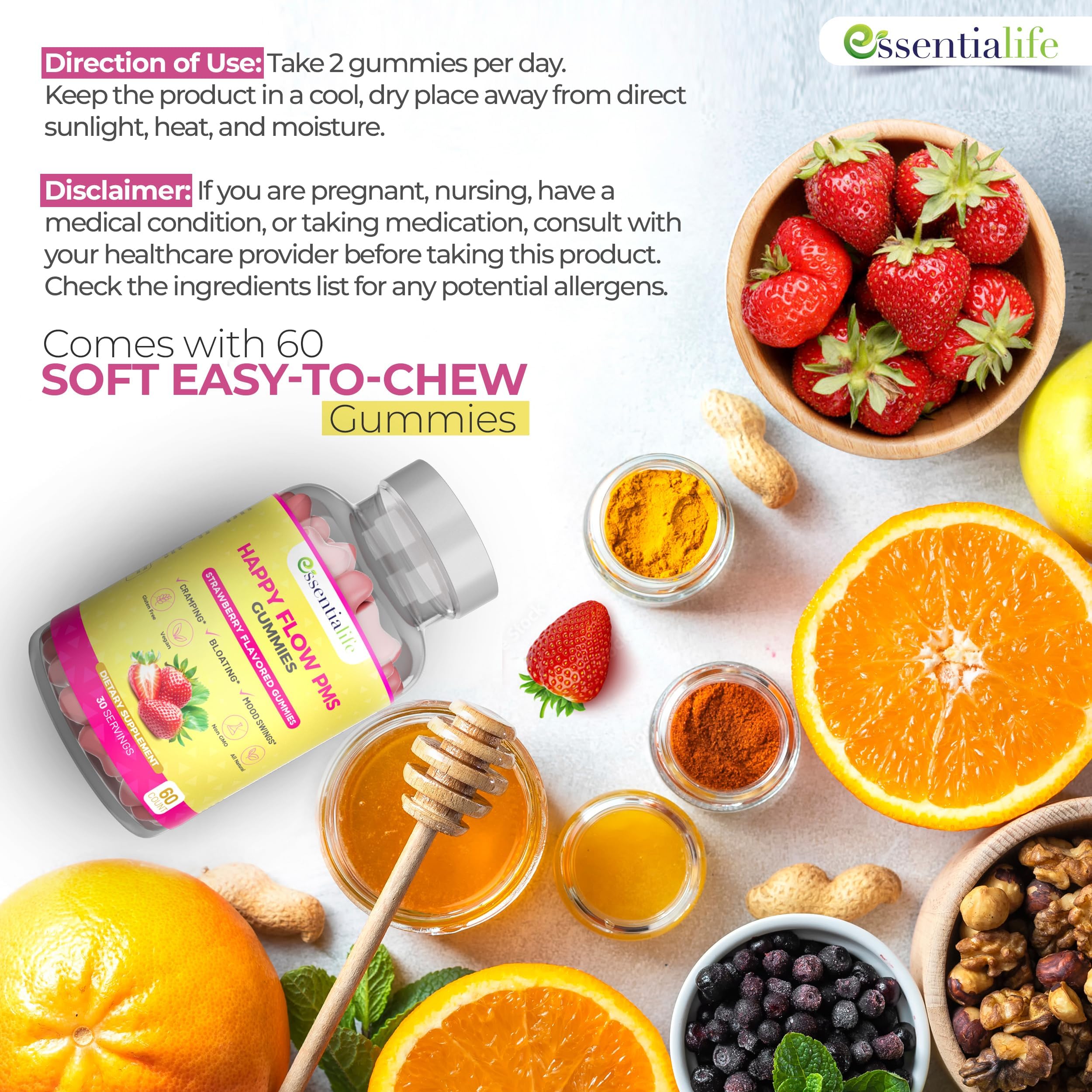 Essentialife Happy Flow dong quai extract highlighting traditional menstrual comfort.