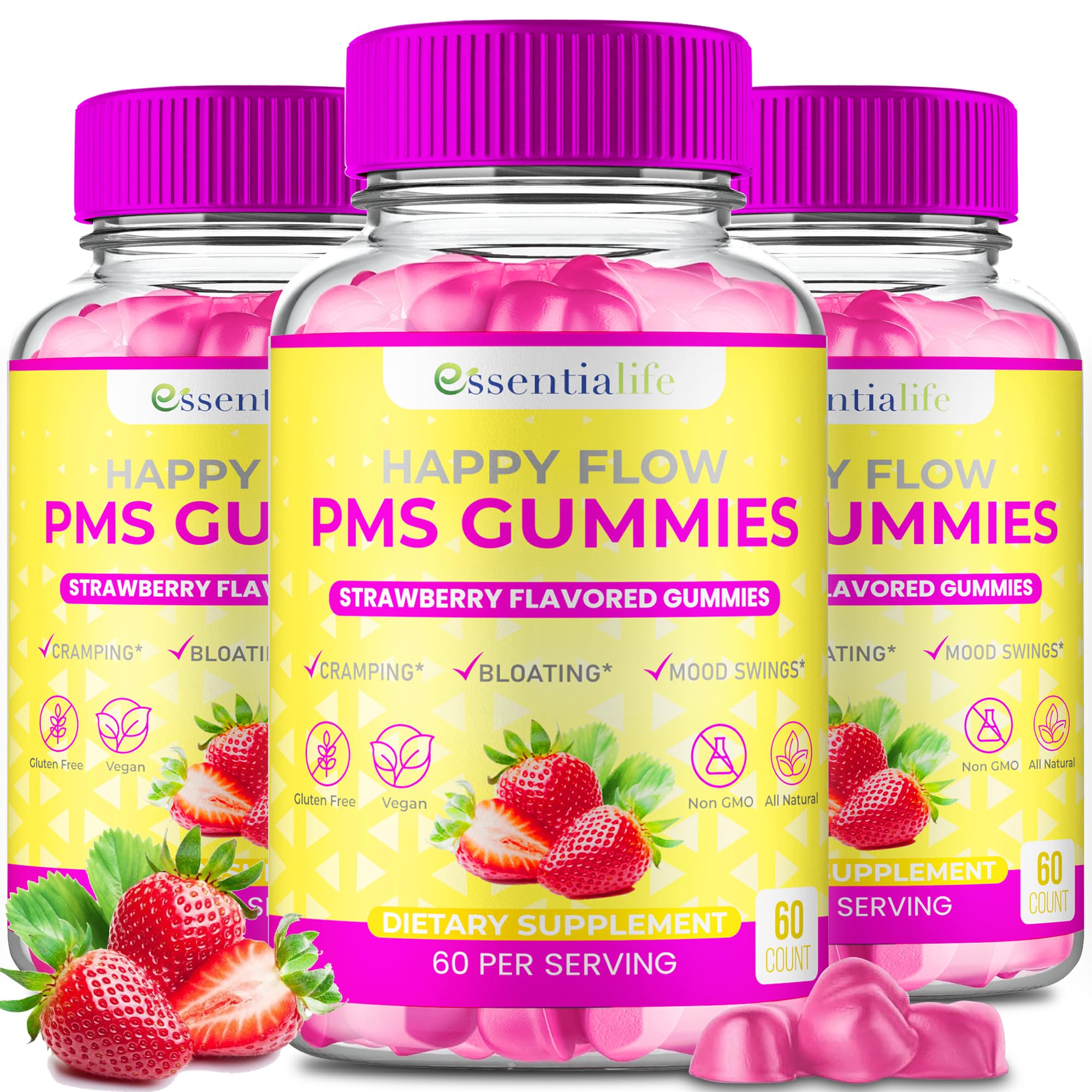 Essentialife Happy Flow PMS gummies bottle showing convenient cycle support.