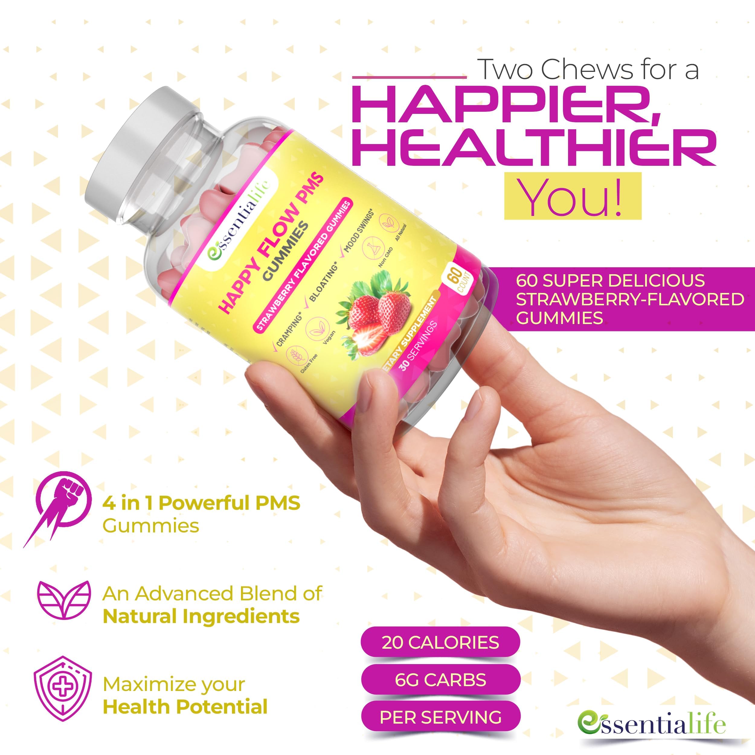 Essentialife Happy Flow vegan and gluten-free label for plant-based lifestyles.