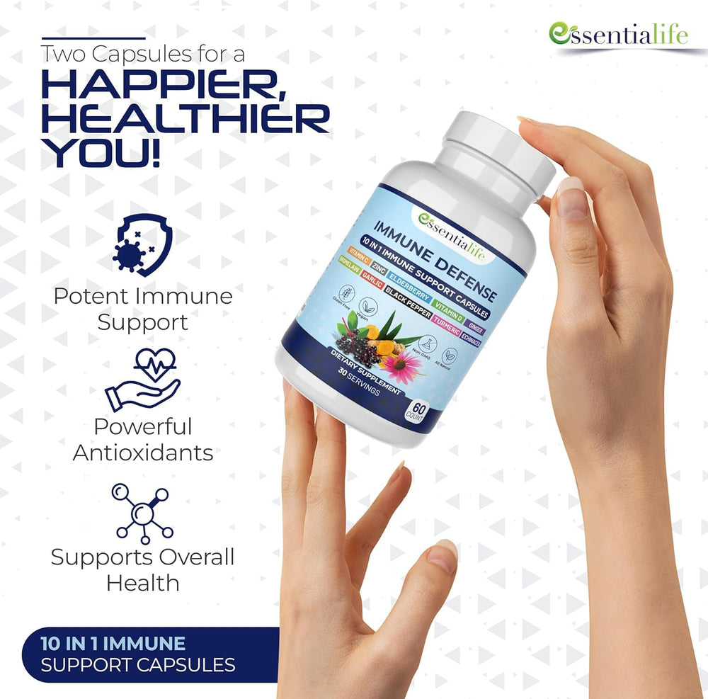 Essentialife Immune Support bottle pour showing capsules in motion.