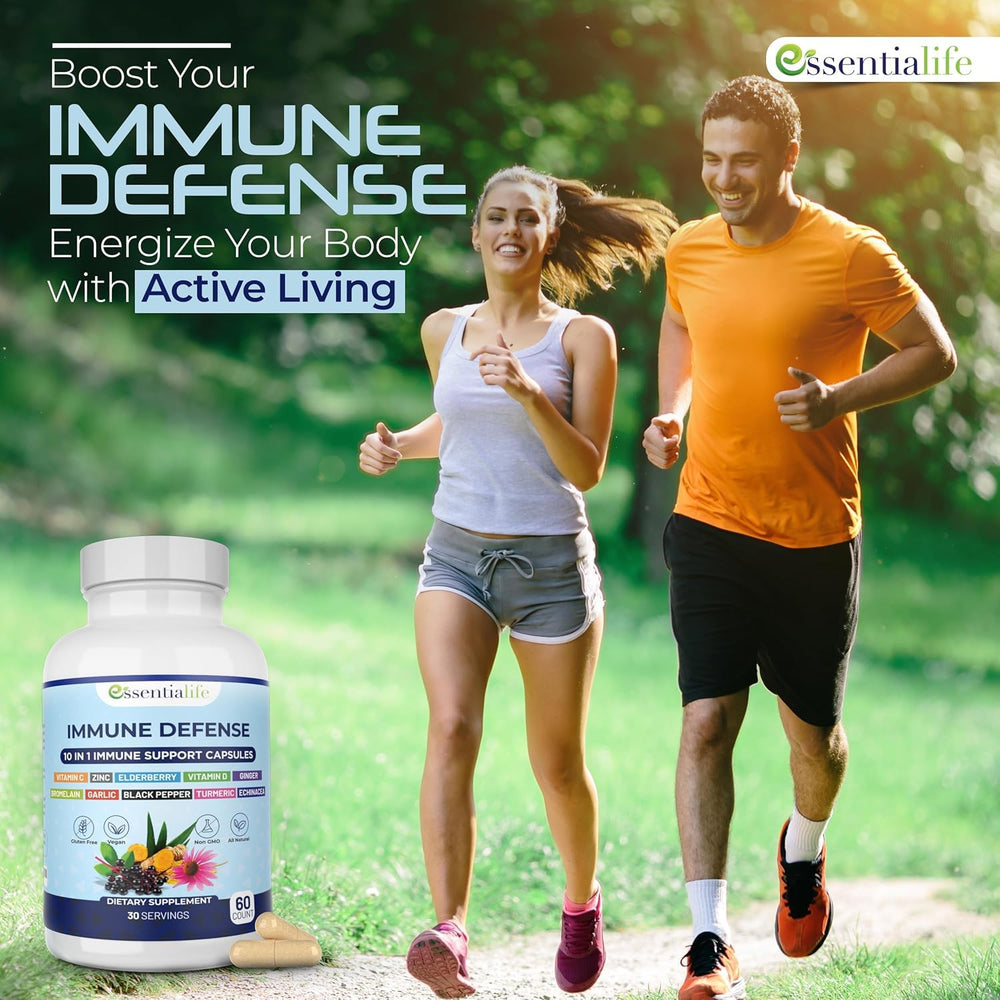 Essentialife Immune Support daily-use scene with adults taking capsules.