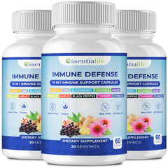 Essentialife Immune Support bottle featuring elderberry capsules for daily resilience.