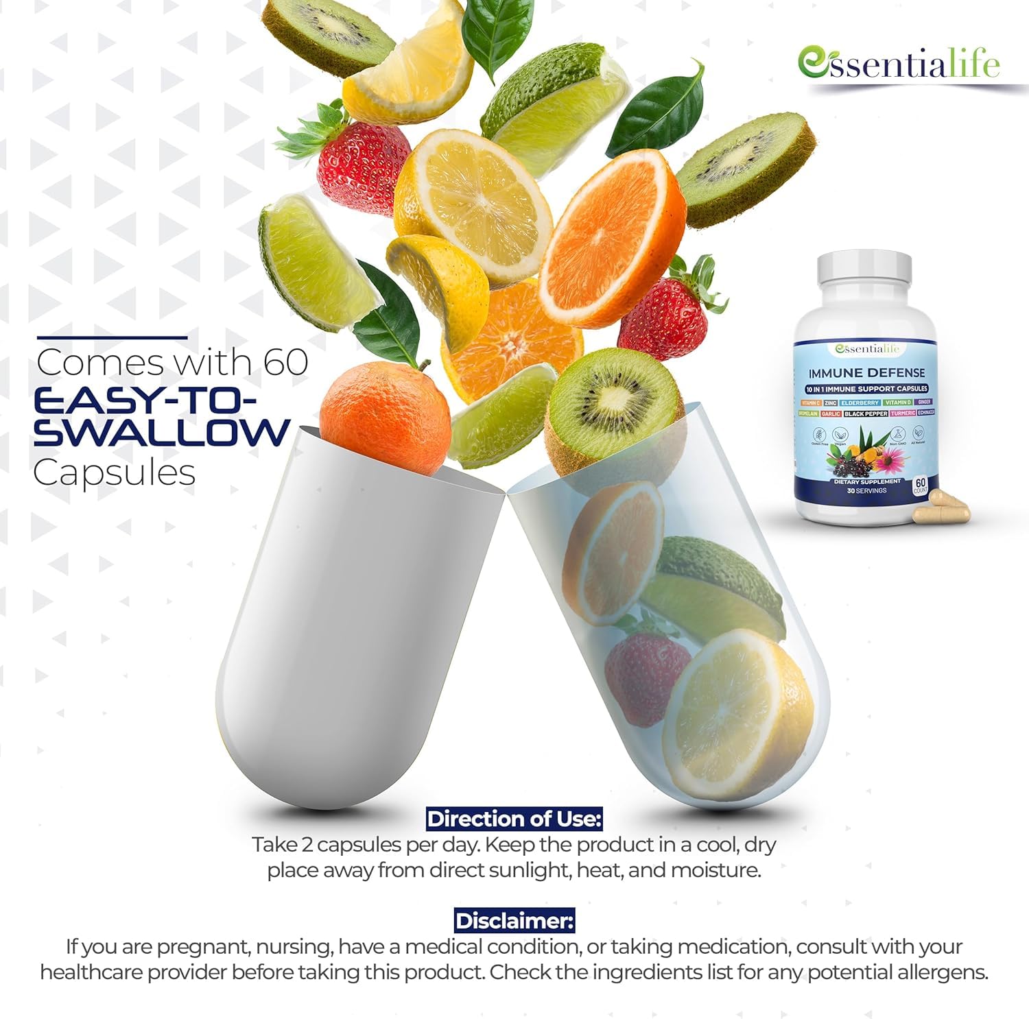 Essentialife Immune Support packaging front showcasing brand and 3-pack.