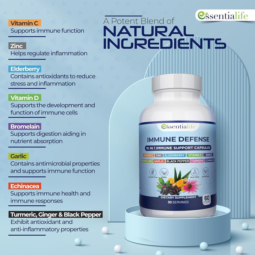 Essentialife Immune Support vitamin C and zinc tablets for immune support.