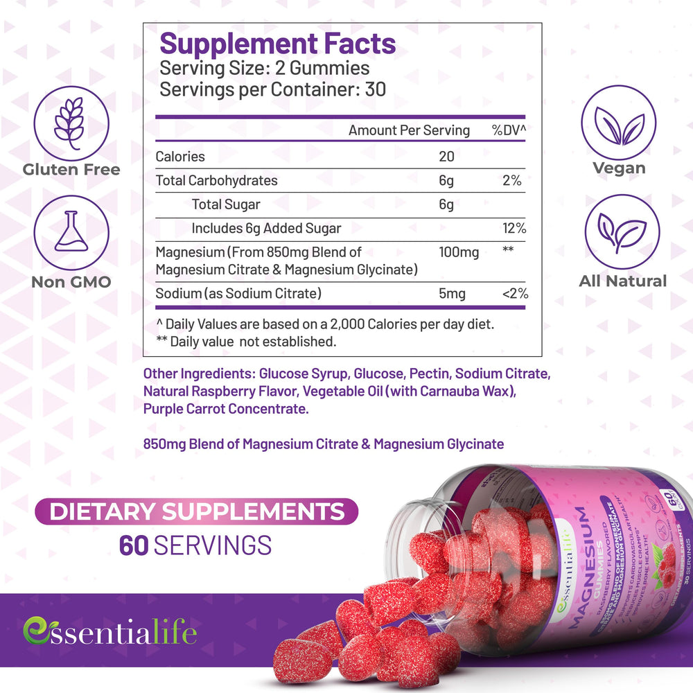 Essentialife magnesium citrate glycinate blend bottle, emphasizing absorption for restful evenings.