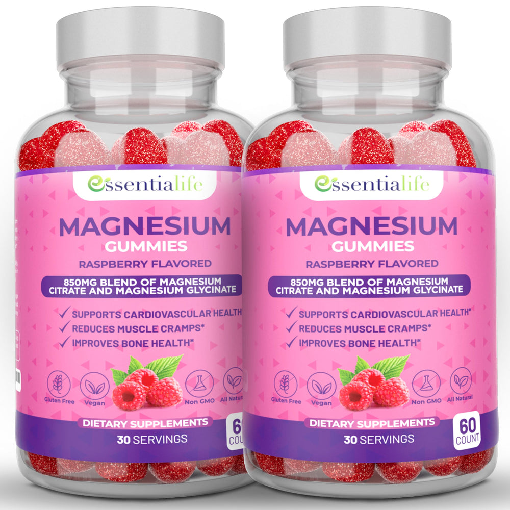 Essentialife magnesium gummies 2-pack on desk, convenient daily magnesium support for digestion and energy.