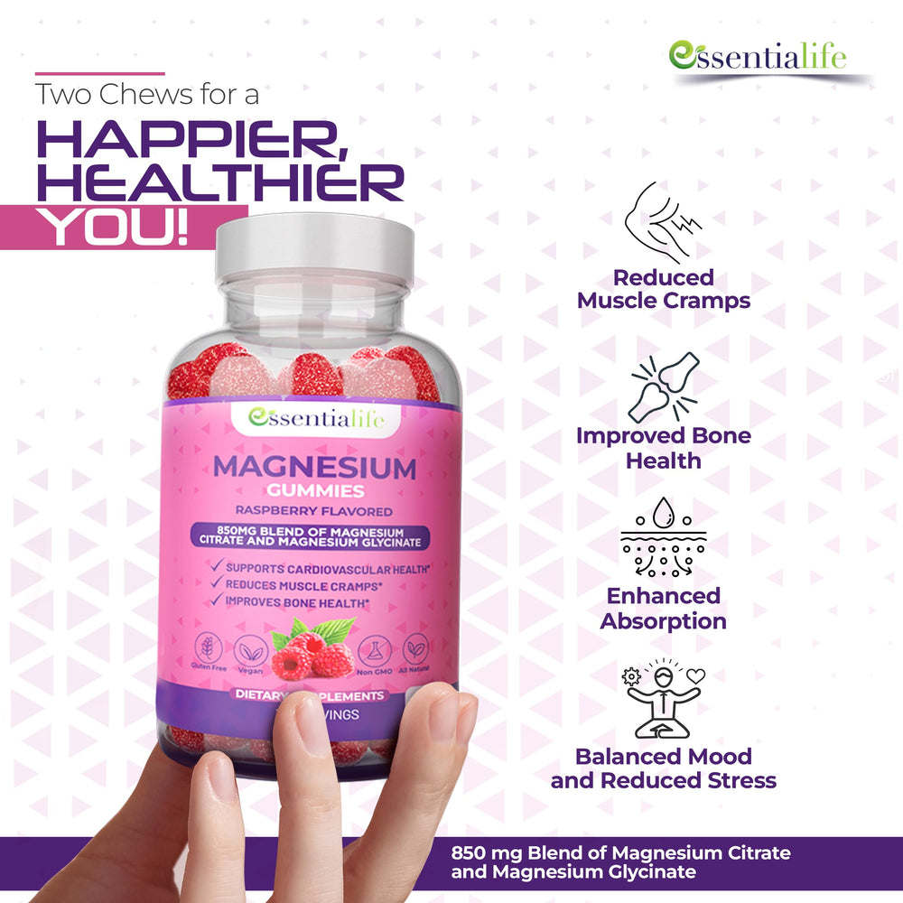 Essentialife magnesium gummies digestive support, relaxes muscles for smoother digestion.