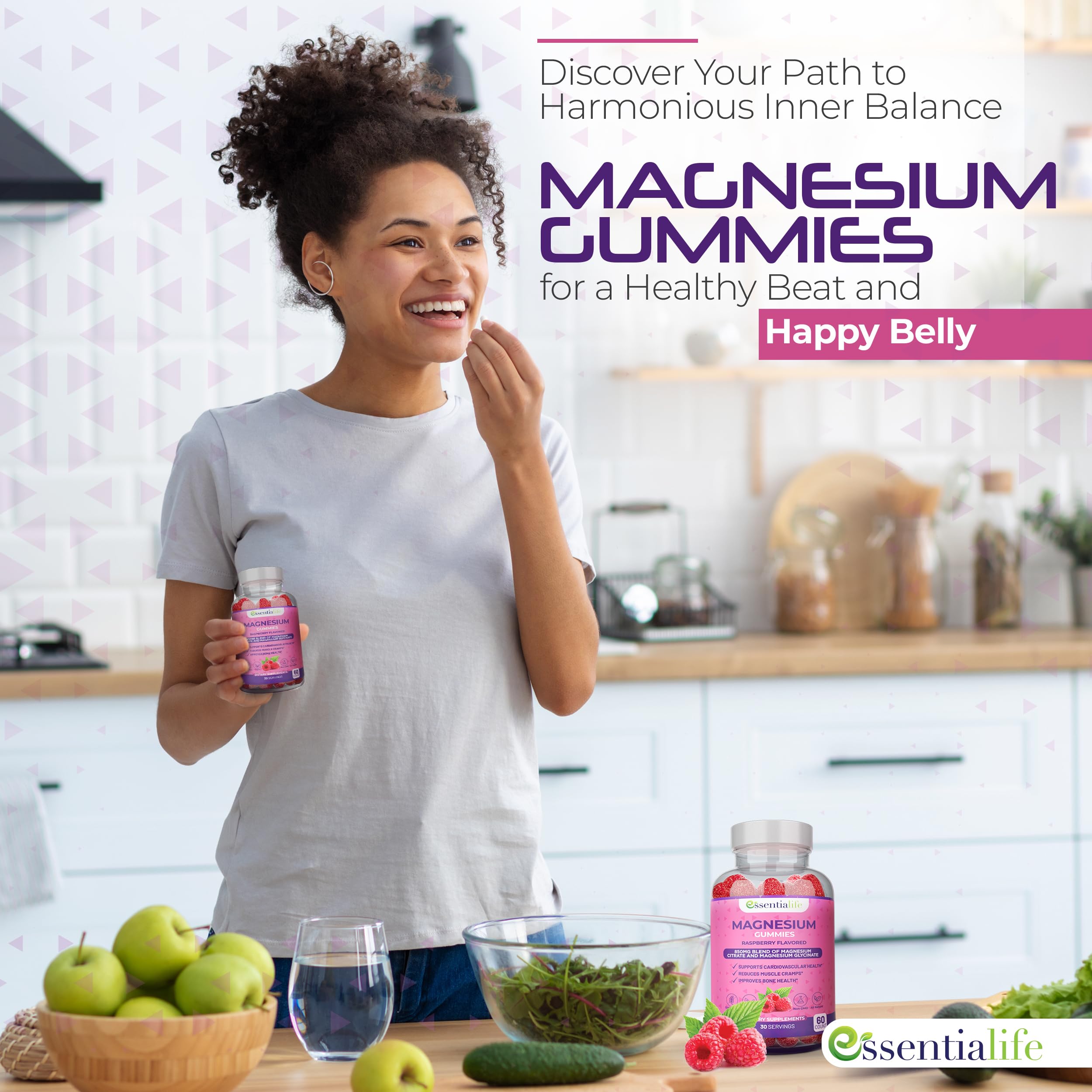 Essentialife magnesium gummies packaging side label highlights dosage and benefits.