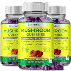 Essentialife Mushroom Gummies bottle on a clean surface for easy daily use.
