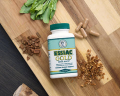 Essiac Gold bottle seal conveying freshness and quality.