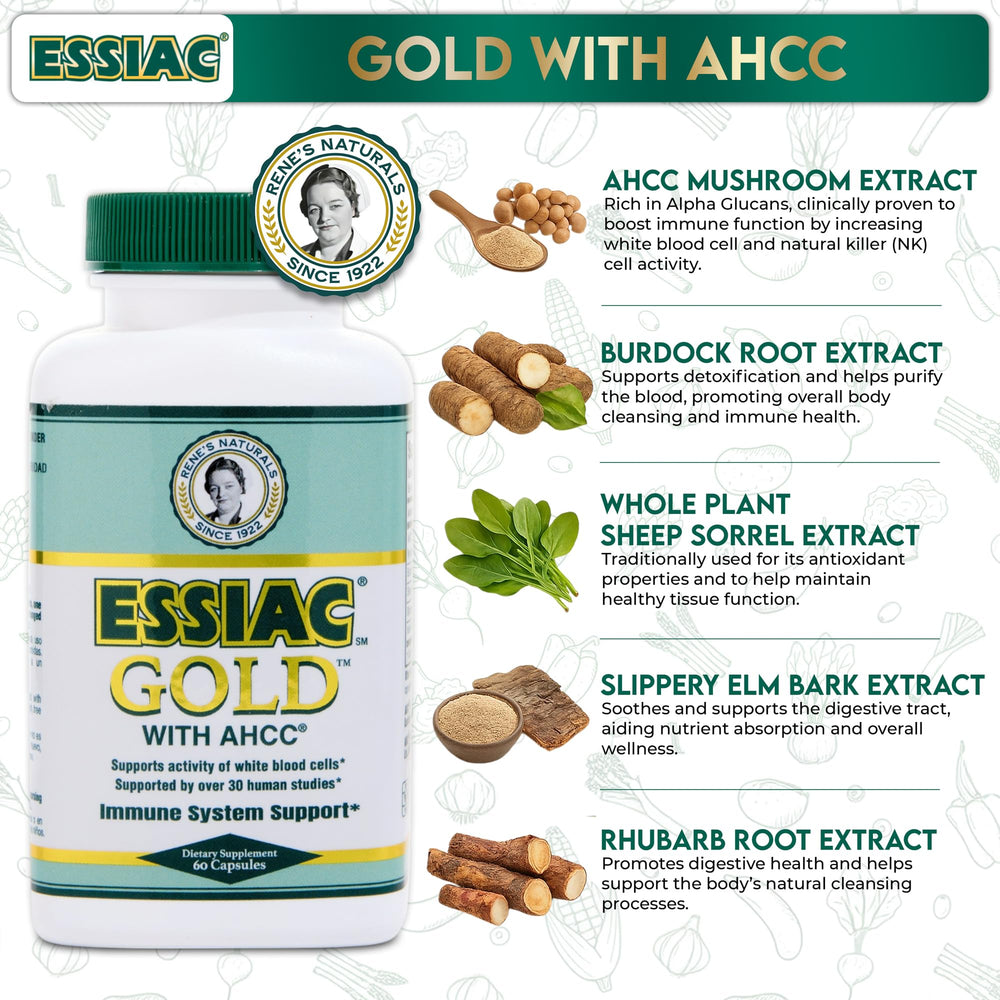 Essiac Gold capsules close-up highlighting natural herbal blend.