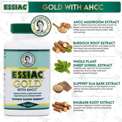 Essiac Gold capsules close-up highlighting natural herbal blend.