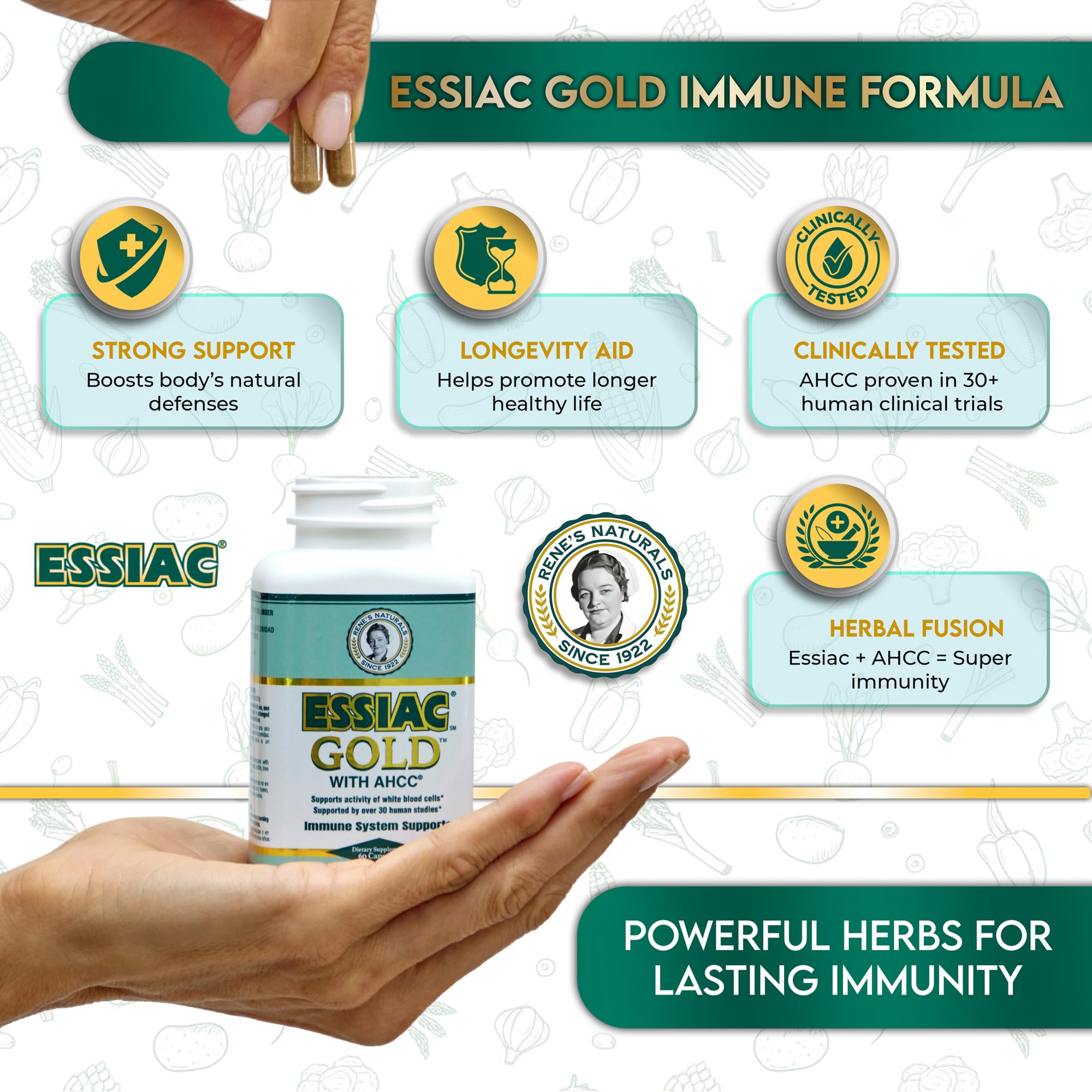 Essiac Gold AHCC label detail emphasizing formula notes.