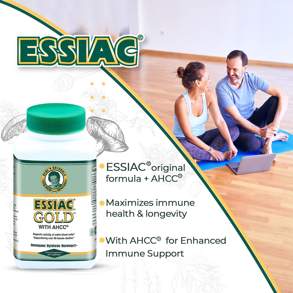 Essiac Gold packaging box showcasing product name and ingredients.