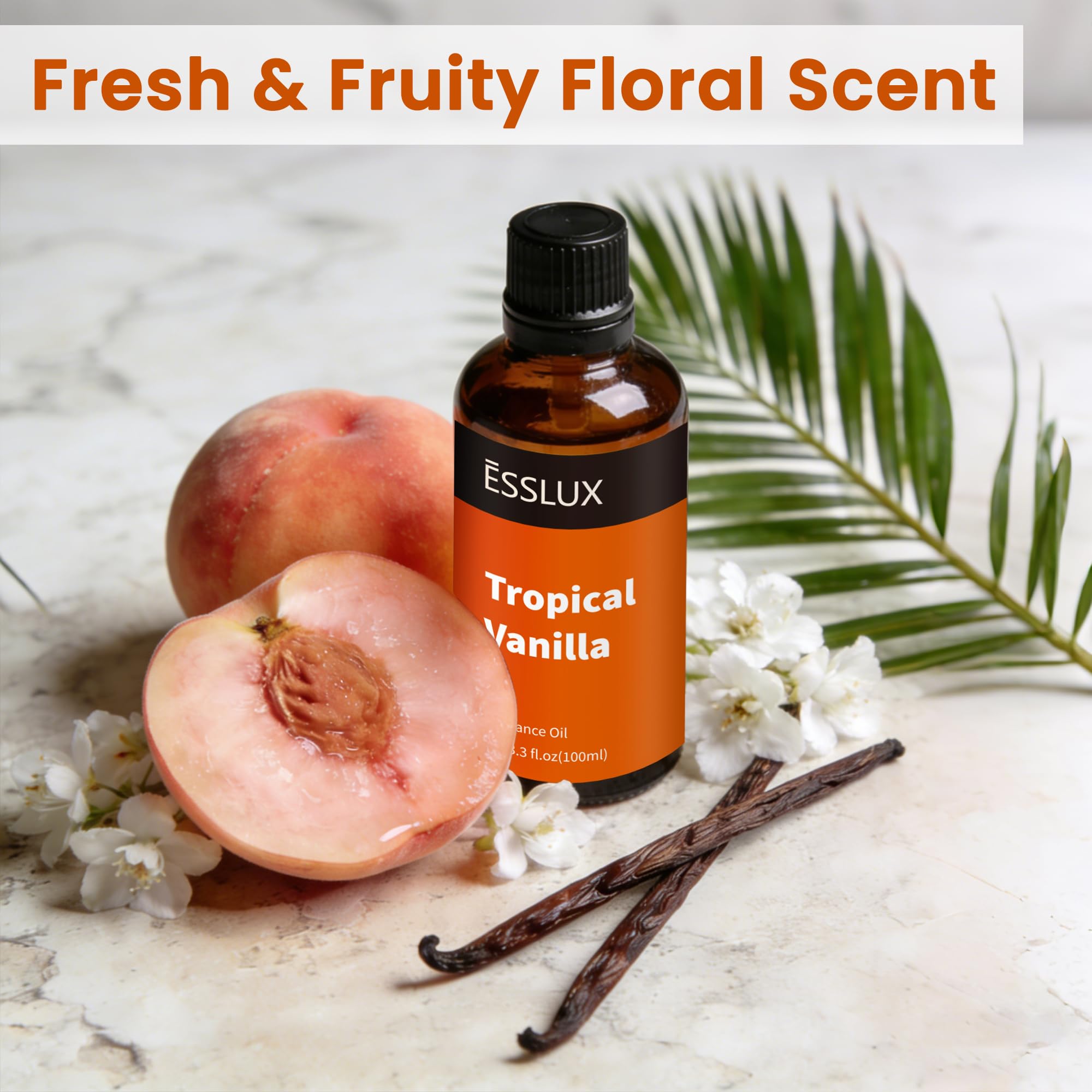 ESSLUX Tropical Vanilla amber glass bottle showcases premium fragrance and controlled scent release.