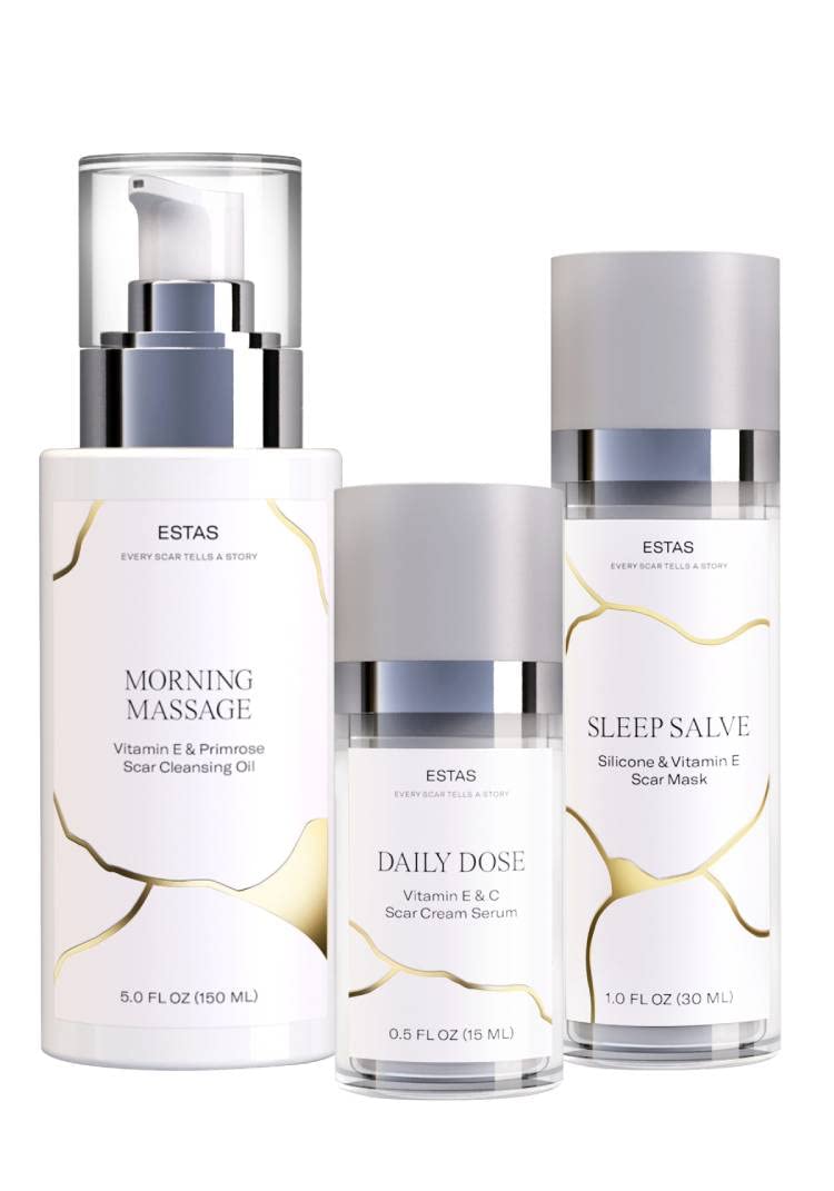 ESTAS Beauty Scar Cream kit packaging shows vegan trio for face and body.
