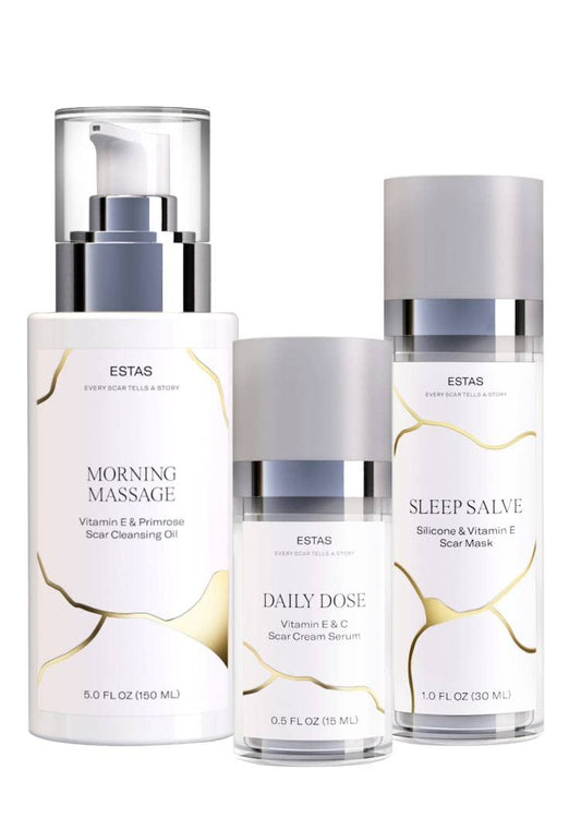 ESTAS Beauty Scar Cream kit packaging shows vegan trio for face and body.