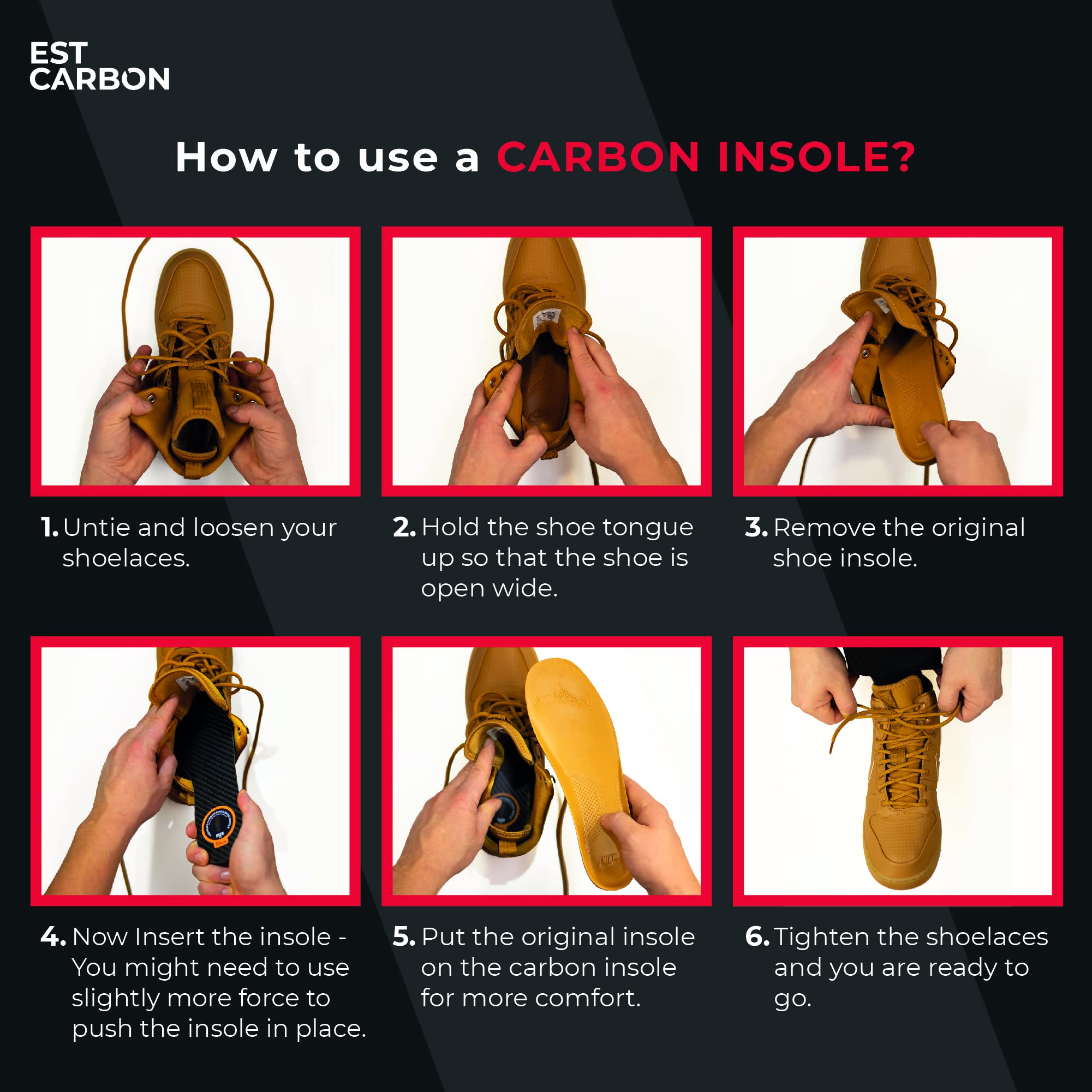 EstCarbon carbon fiber insole fits most athletic shoes for everyday comfort.