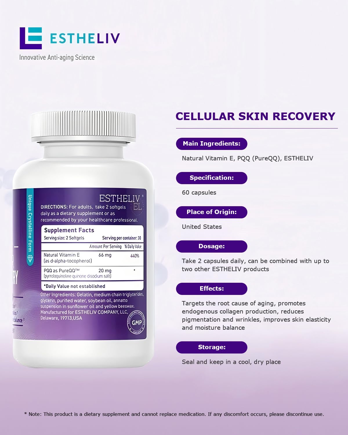 ESTHELIV skin recovery label close-up emphasizing key claims