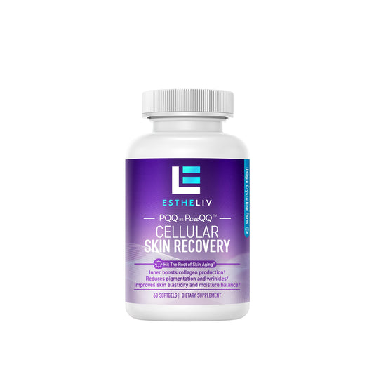 ESTHELIV Cellular Skin Recovery softgels bottle close-up highlighting skin hydration support.