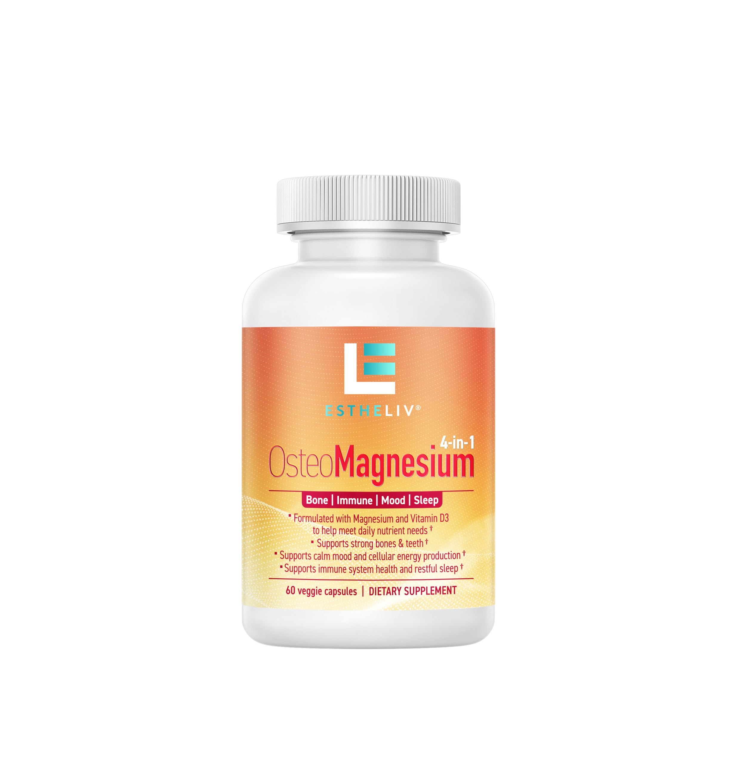 ESTHELIV OsteoMagnesium bottle front with 60 veggie capsules for bone and immune support