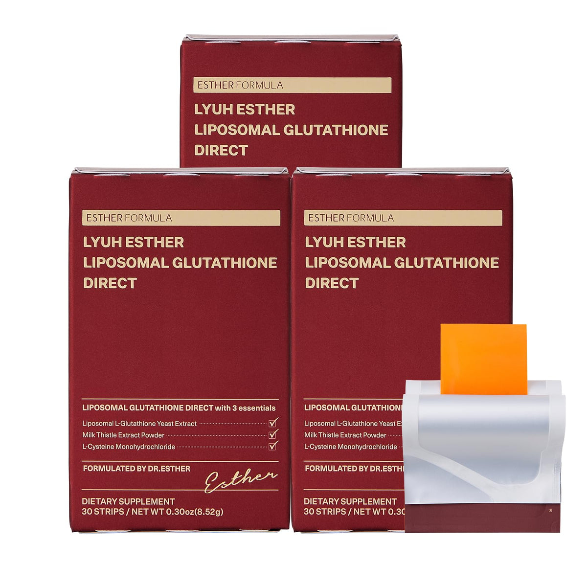 Esther Formula Liposomal Glutathione Strips pack highlights convenient antioxidant support.