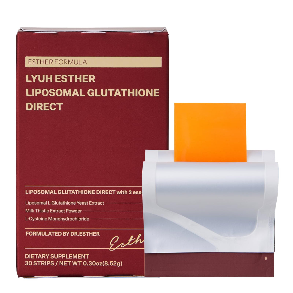 ESTHER FORMULA Liposomal Glutathione Strips packaging showing convenient on-the-go support