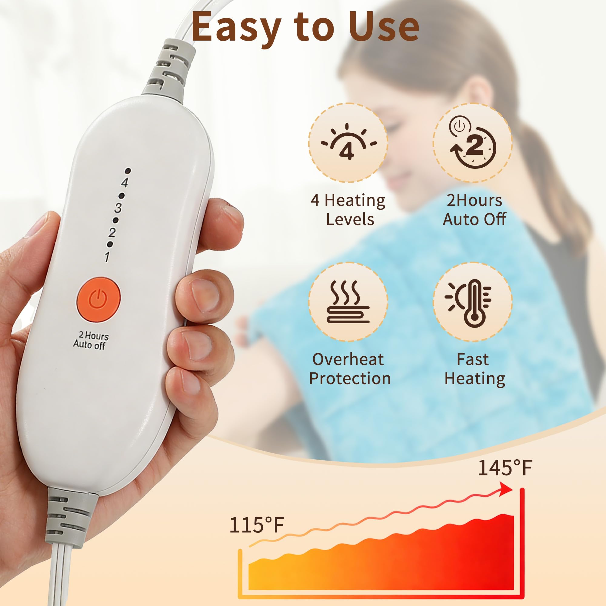 ESTINGO four heat levels and timer options offer tailored warmth and safety