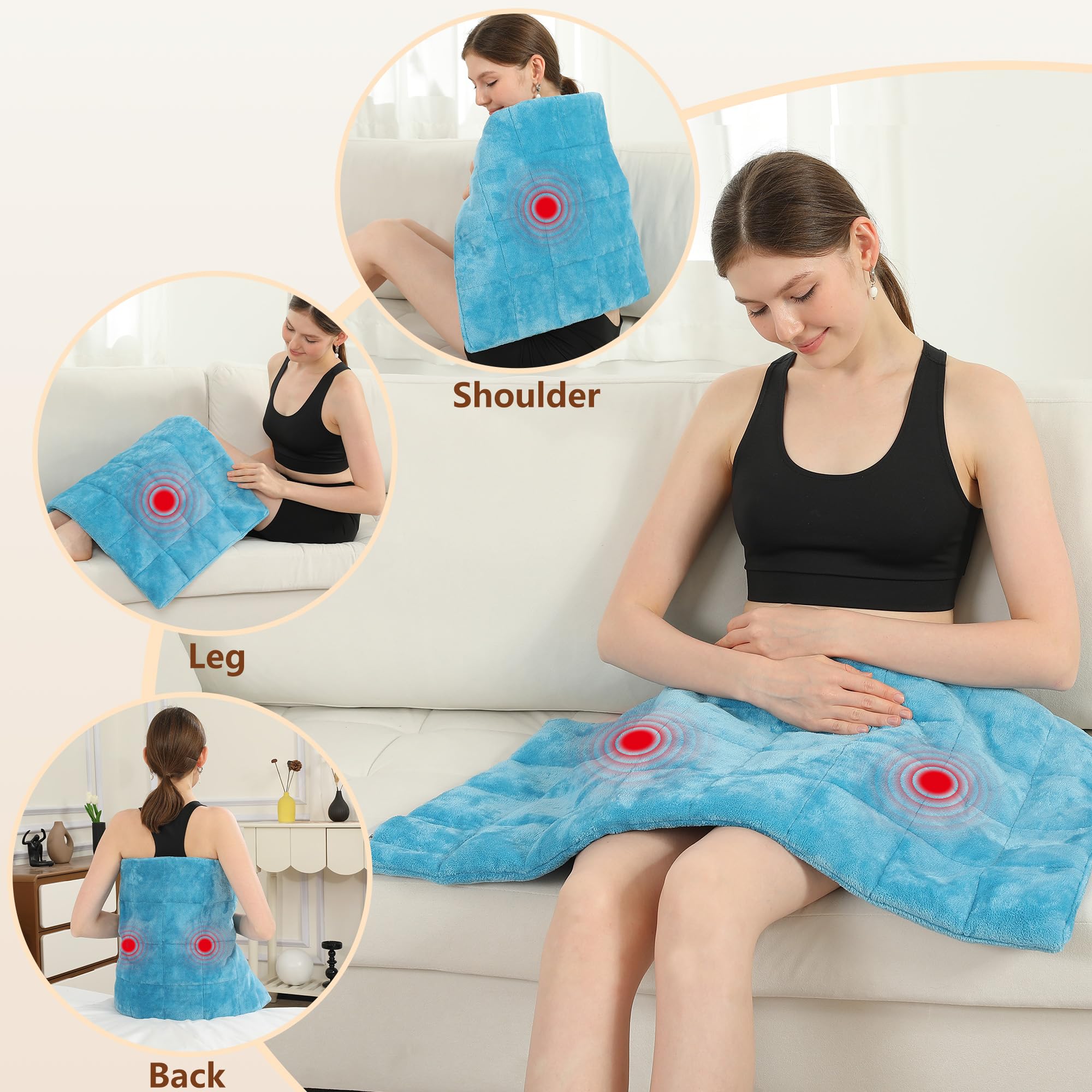 ESTINGO heat pad control panel close-up demonstrates three heat settings and three massage modes.