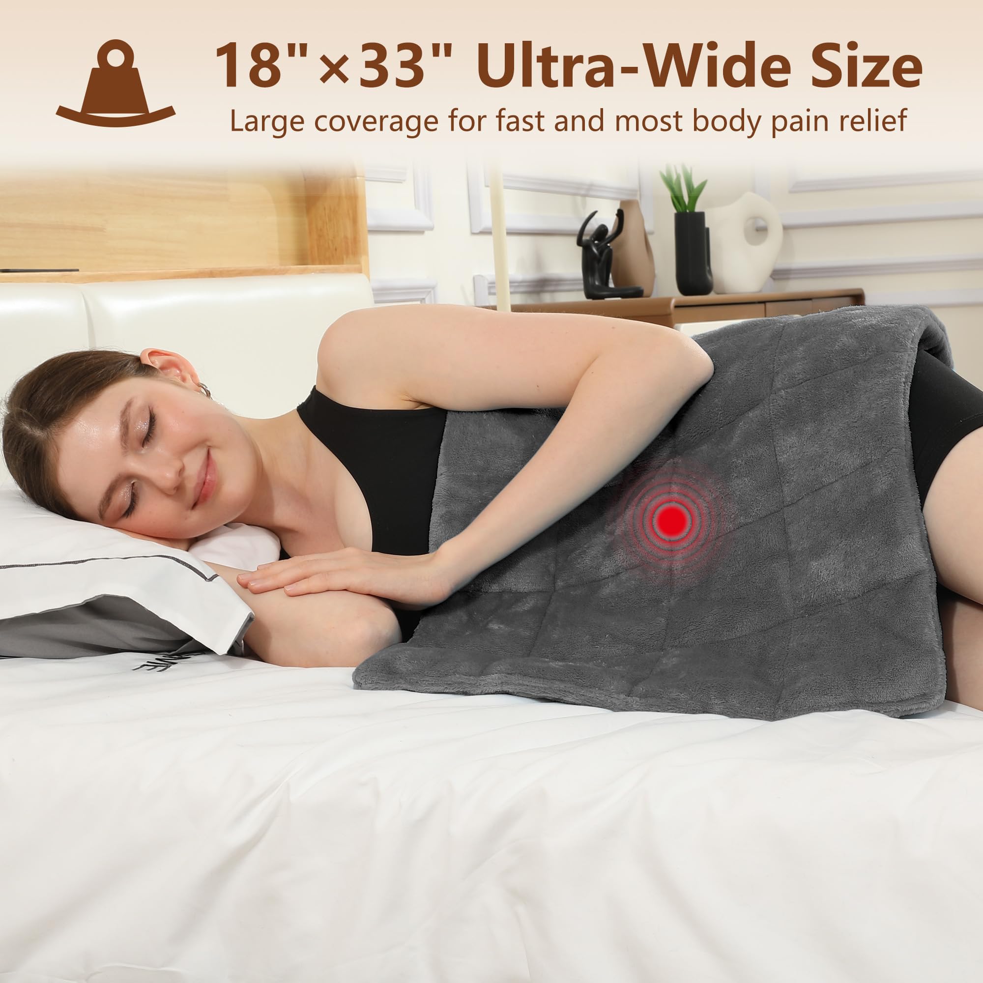 ESTINGO pad side view shows massager and adjustable heat for customizable relief