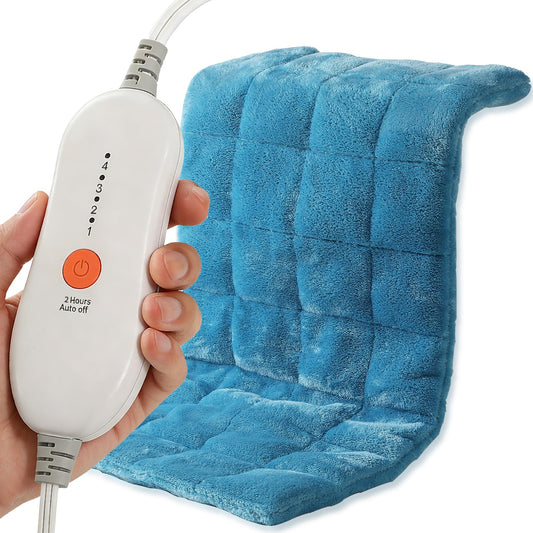 ESTINGO weighted heating pad on back and shoulders for deep warmth and relaxation.