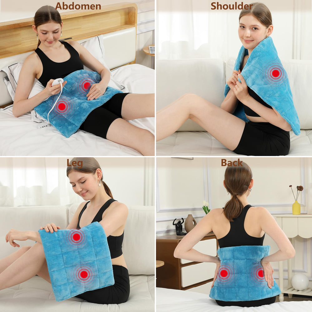 ESTINGO weighted heating pad massage side view highlights soft flannel and calming vibration