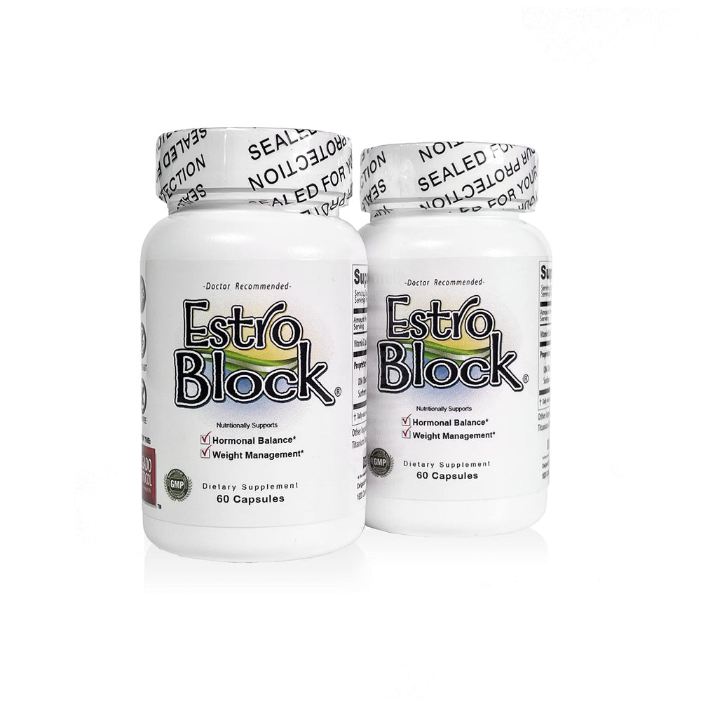 Estroblock 2-pack bottle front highlighting hormonal balance support