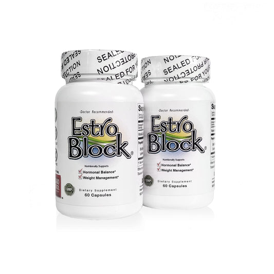 Estroblock 2-pack bottle front highlighting hormonal balance support