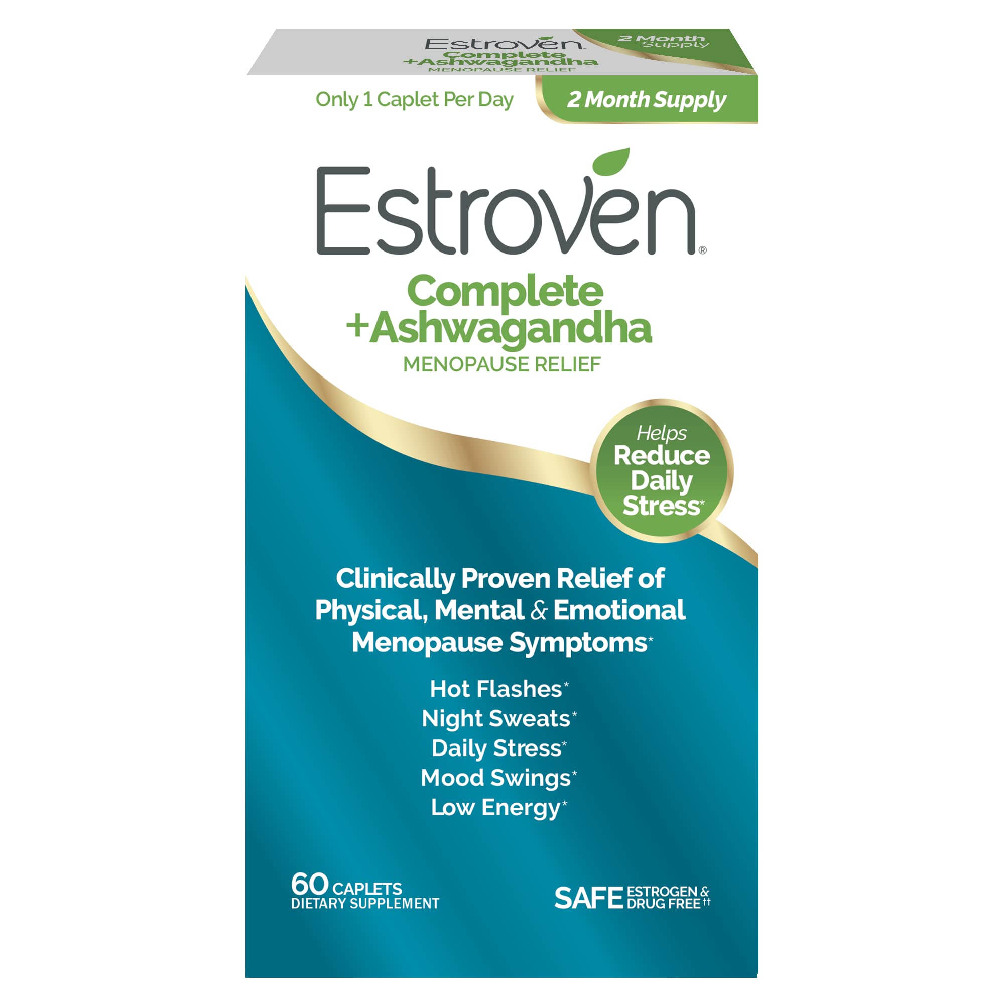 Estroven Complete + Ashwagandha bottle cap for easy daily dosing and symptom support.