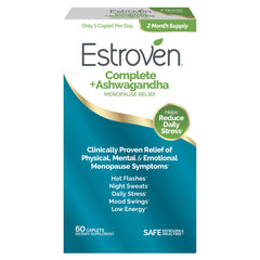 Estroven Complete + Ashwagandha bottle cap for easy daily dosing and symptom support.