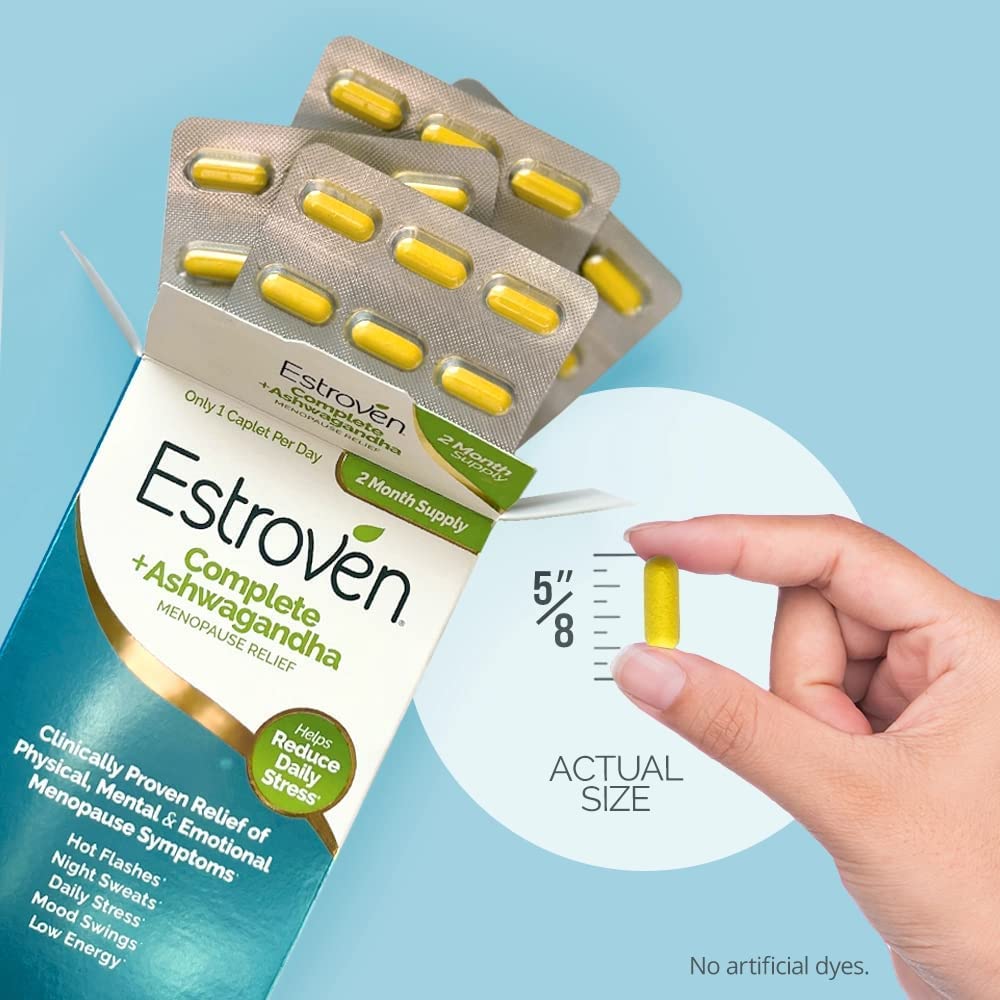 Visual suggesting reduced hot flashes with Estroven Complete + Ashwagandha.