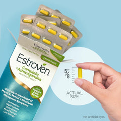 Visual suggesting reduced hot flashes with Estroven Complete + Ashwagandha.