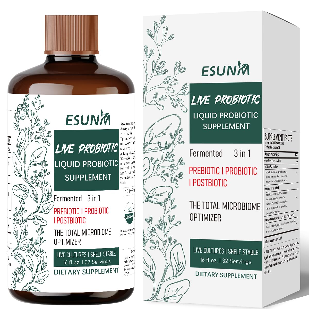 ESUNM 3-in-1 liquid bottle illustrating daily gut support for men and women