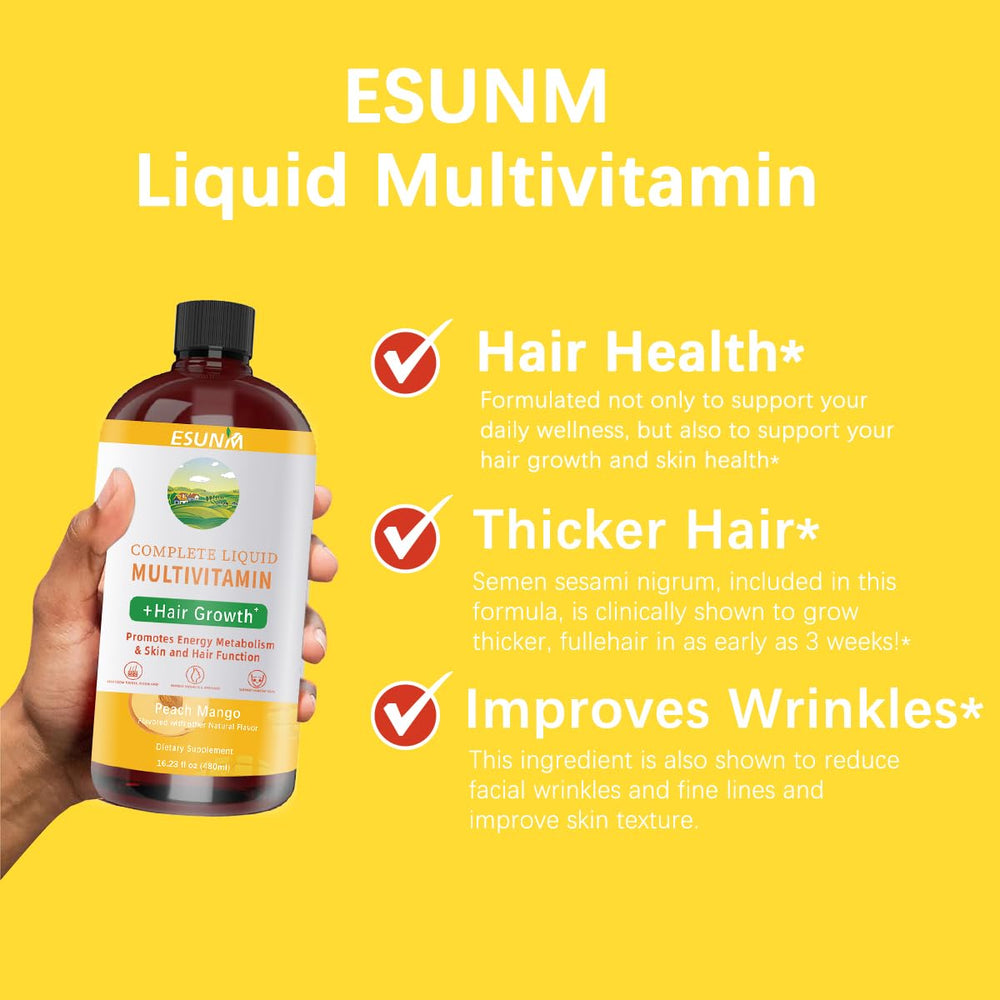 ESUNM Complete Liquid Multivitamin bottle pour for easy dosing.